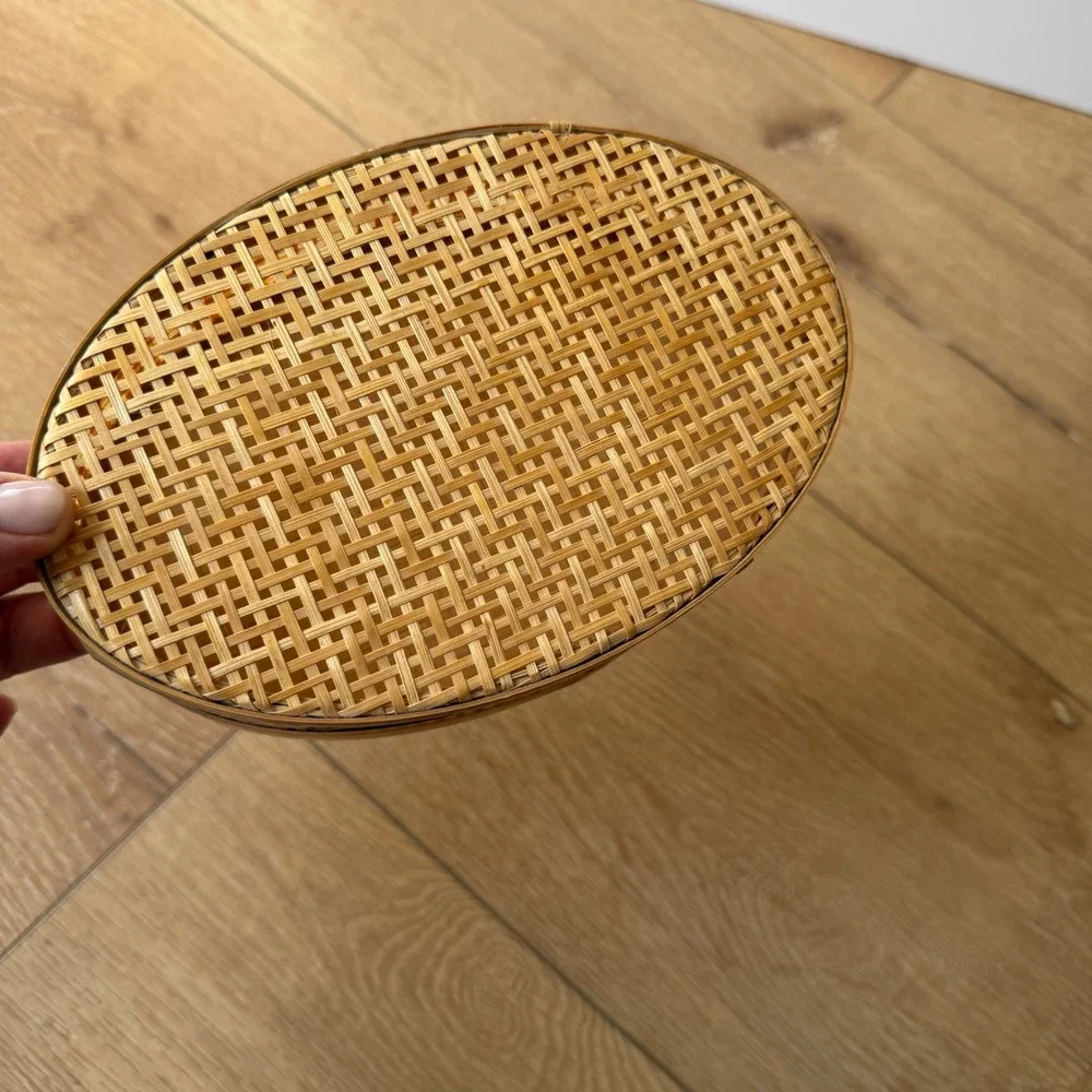 Vintage Woven Bamboo Oval Trinket Box with Lid Natural Wood Boho Storage 7.5in